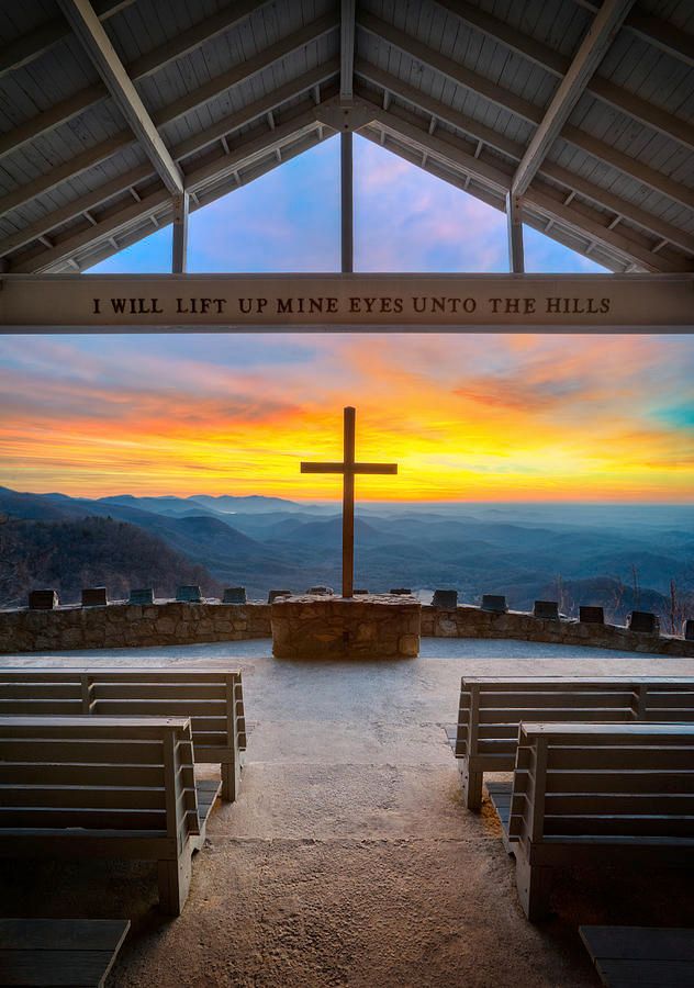 Pretty Please Chapel with cross and mountain sunset view inscribed I Will Lift Up Mine Eyes.