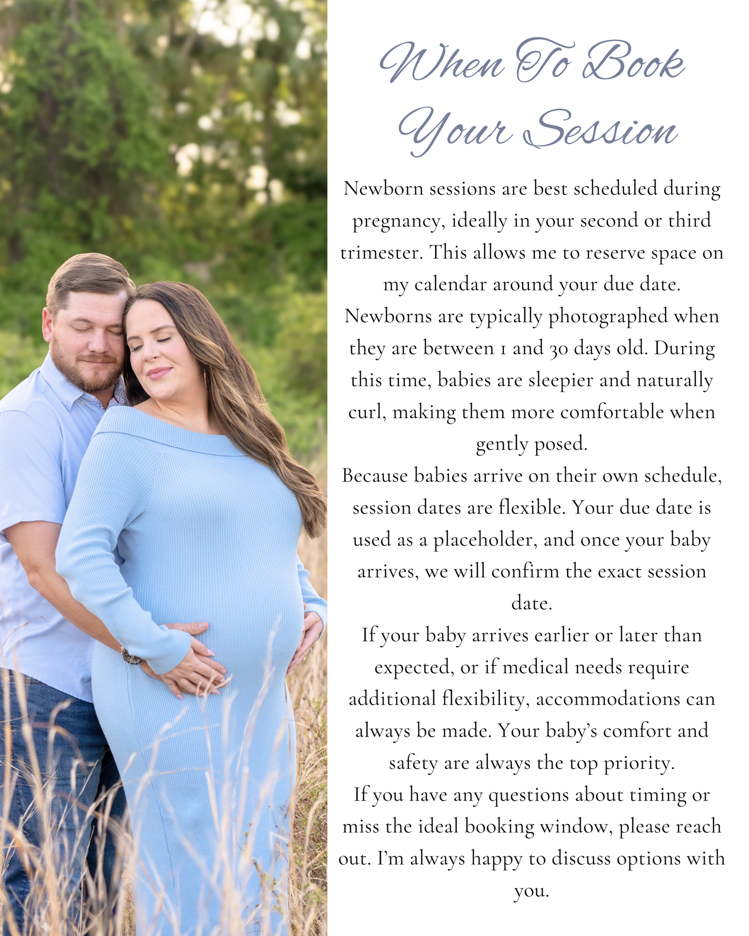 Pregnant woman in light blue dress embraced by partner outdoors, with text about booking newborn photography sessions.