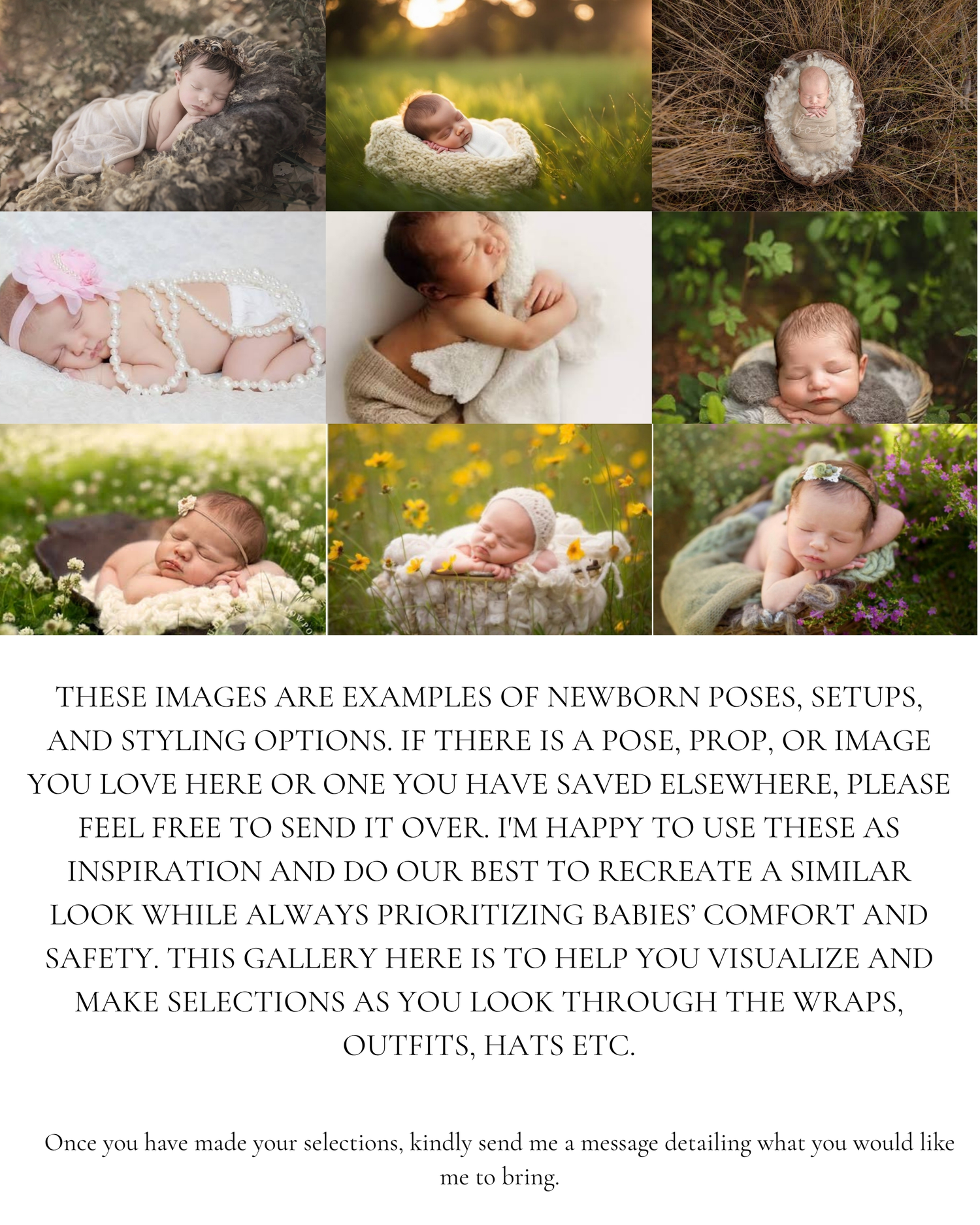 Newborn photography inspiration collage featuring peaceful sleeping babies in natural outdoor settings with soft wraps and floral props.