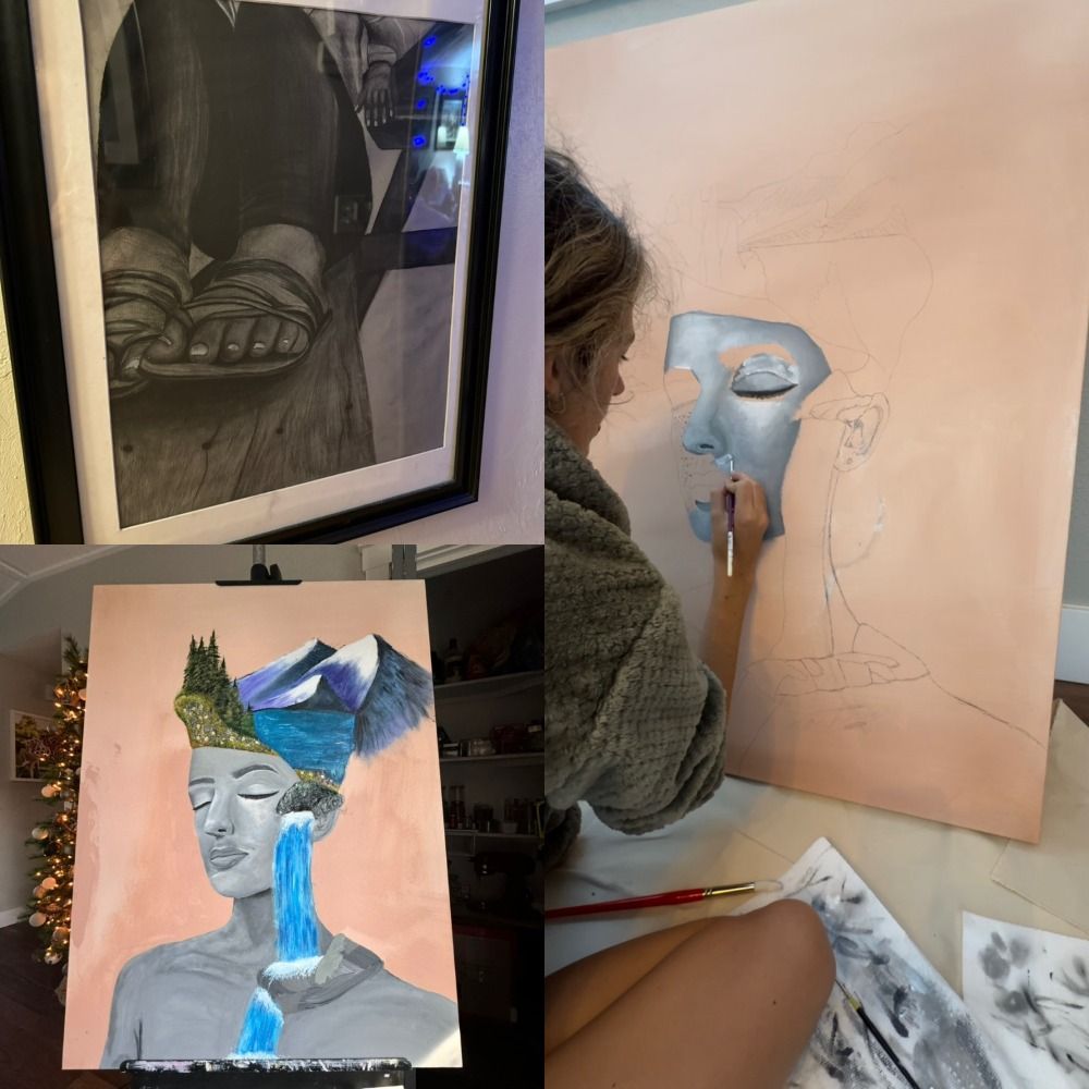 Young female artist works on large canvas painting with completed artworks displayed nearby.