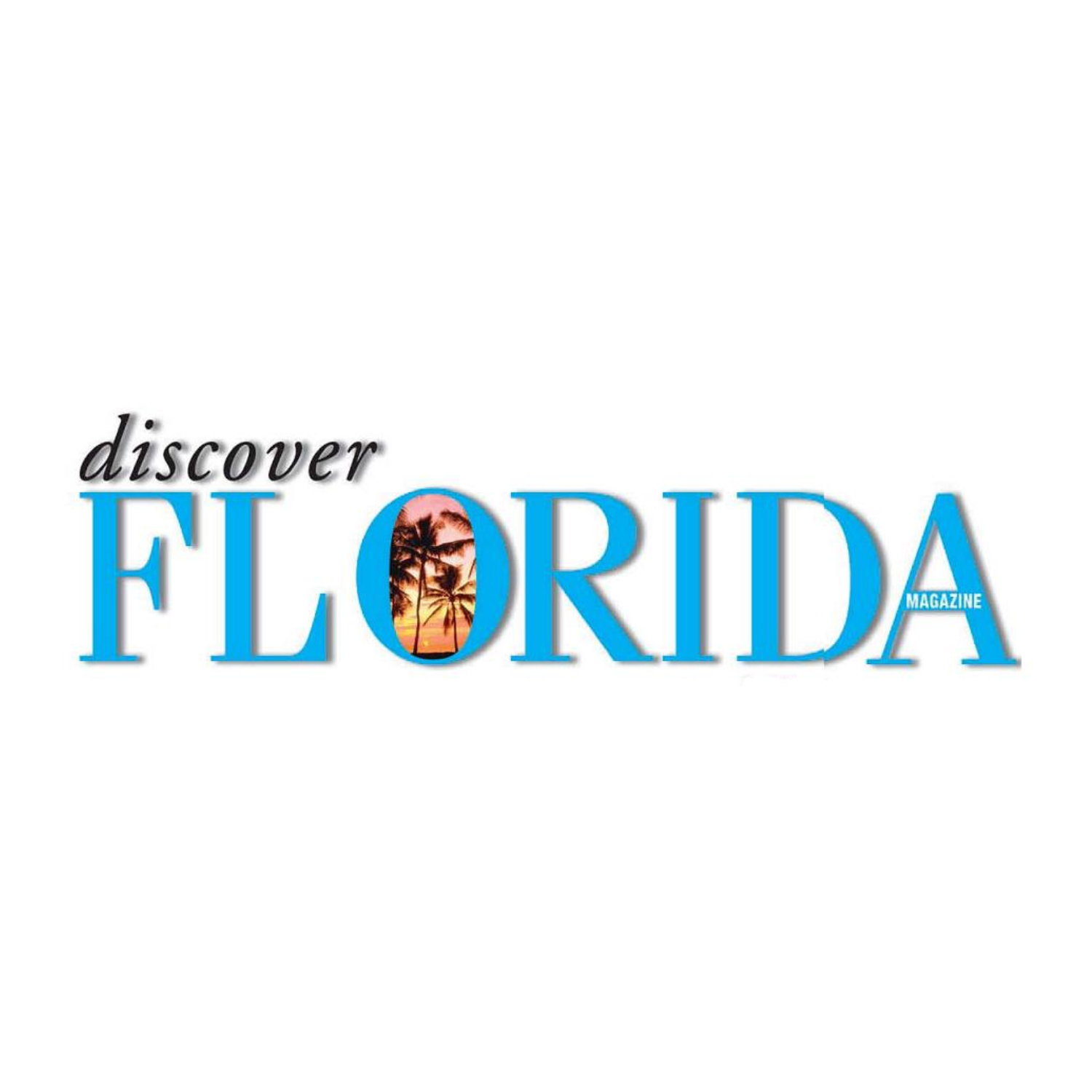 Discover Florida Magazine logo with vibrant blue letters and tropical palm tree imagery.