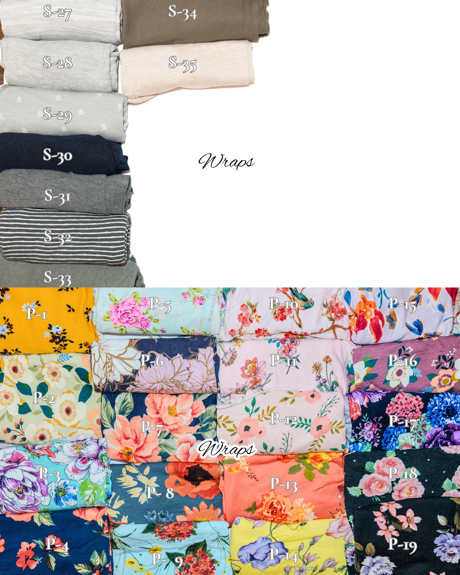 Colorful fabric wraps collection featuring solid neutrals labeled S-30 to S-34 and floral prints labeled P-8 to P-19.