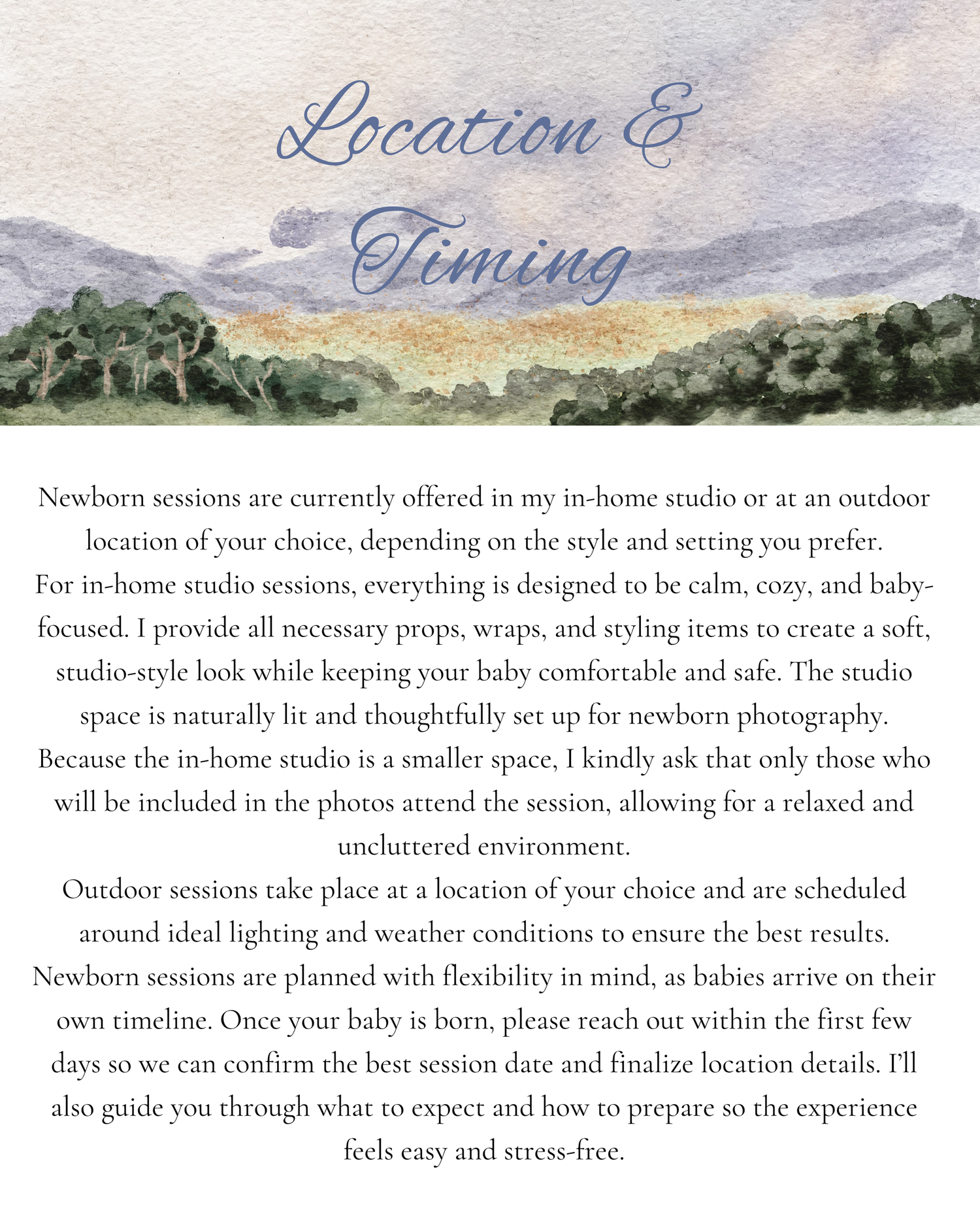 Newborn photography studio location and timing info page with a soft watercolor landscape background.