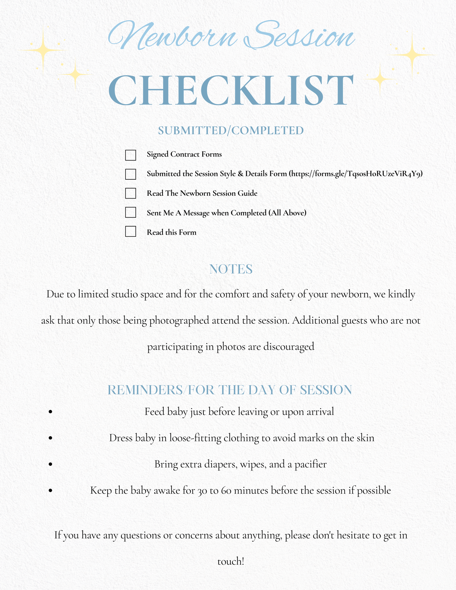 Newborn session checklist with submitted forms, notes on studio space, and day-of reminders including feeding and dressing tips.