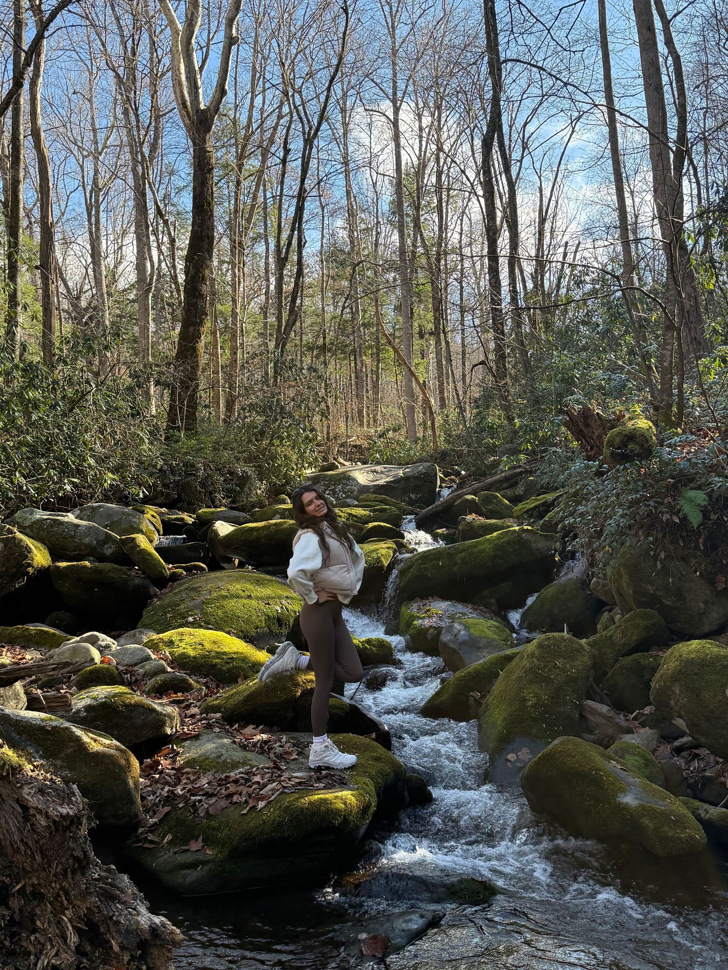 Woman posing on moss-covered rocks beside a flowing stream in a sunlit forest.