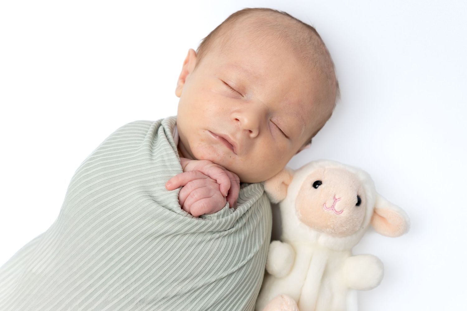 Newborn baby swaddled in green wrap sleeping peacefully beside a soft white lamb stuffed animal toy.
