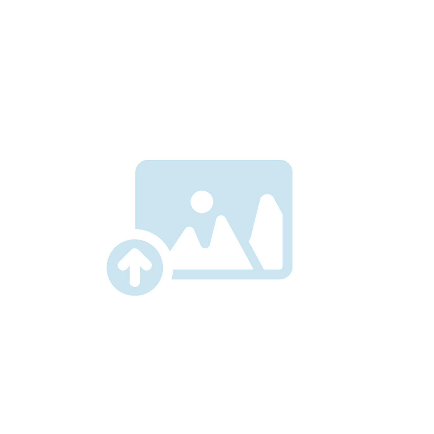 Light blue image upload placeholder icon with mountain landscape and arrow symbol.