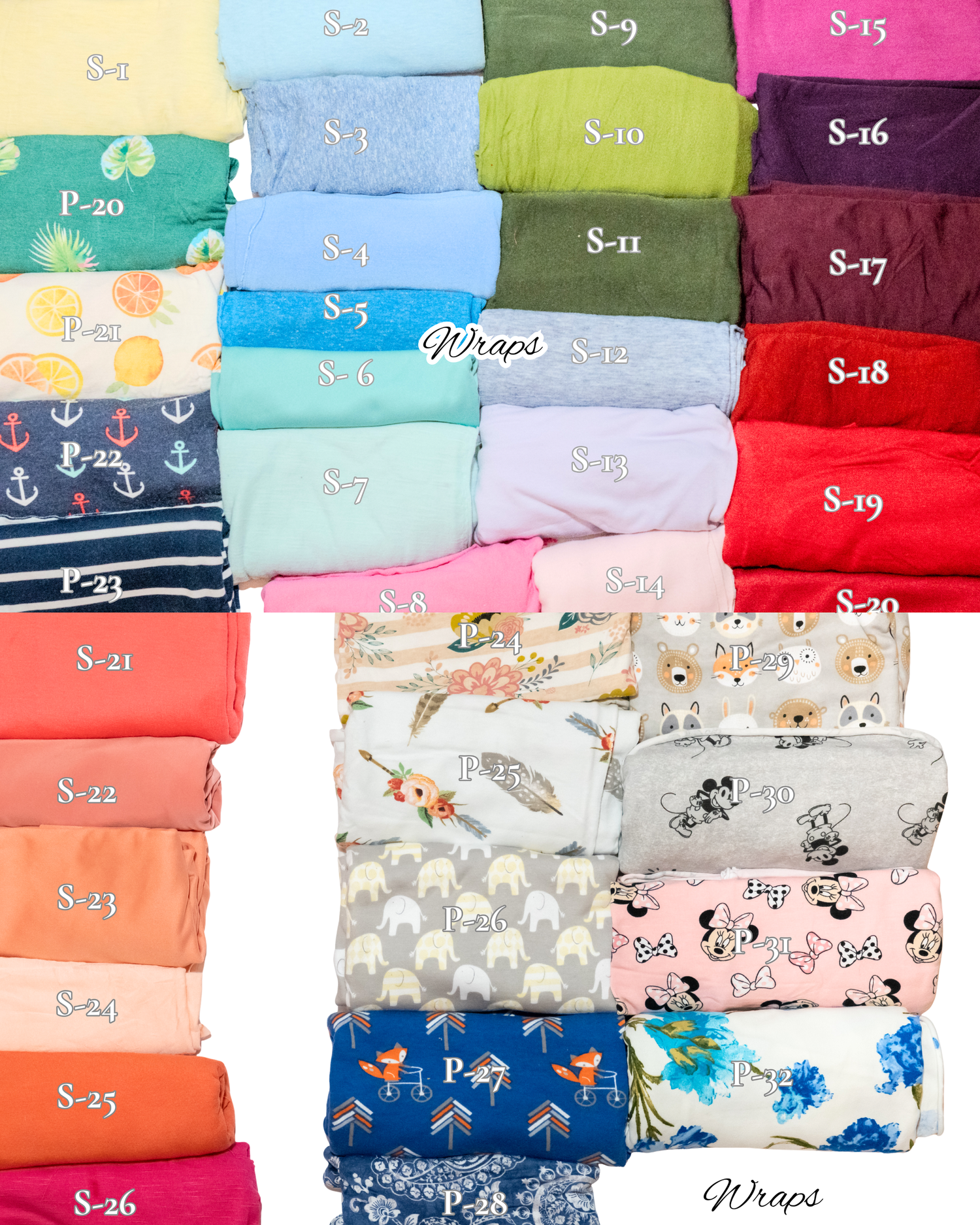 Colorful folded fabric swatches labeled S and P series, displayed in rows showing various solid colors and patterned prints for wraps.