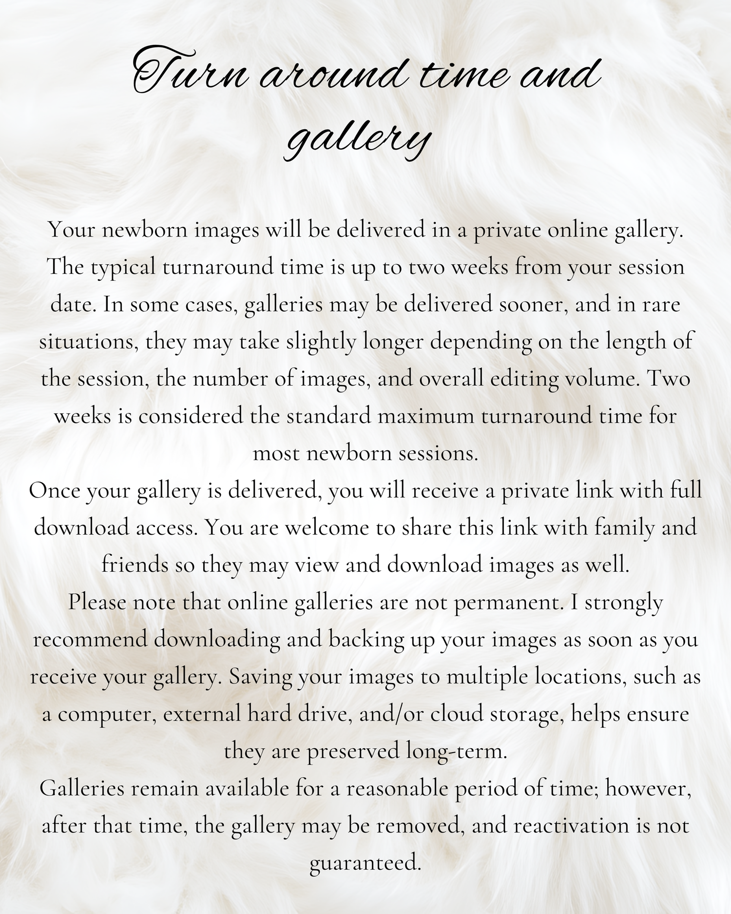 Newborn photography studio policy document detailing turnaround time and private online gallery delivery information for clients.