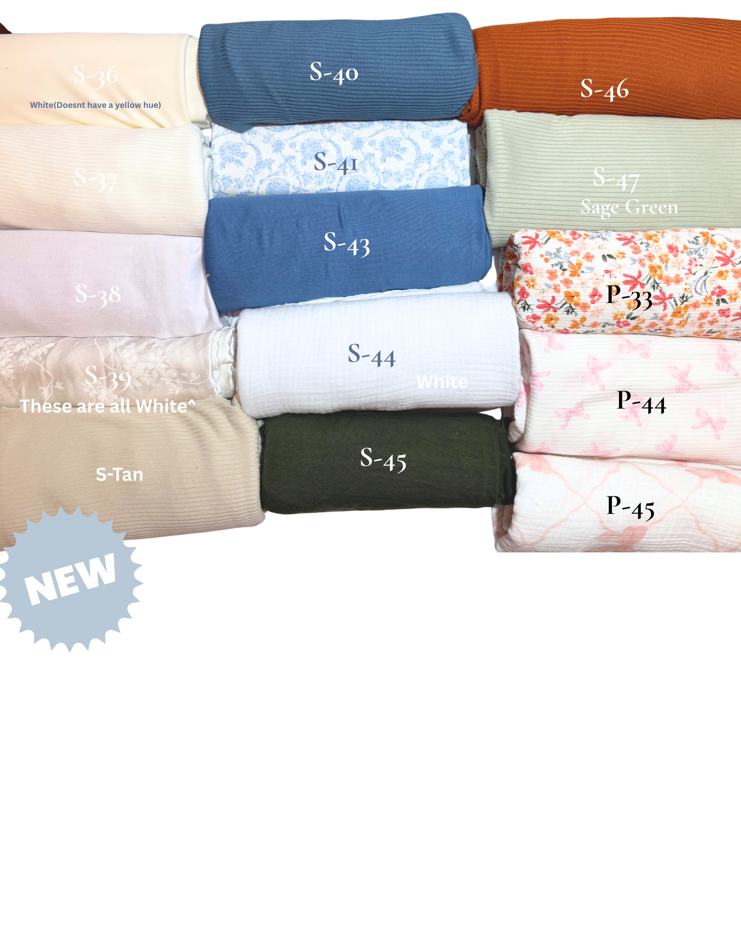Collection of rolled fabric swatches in various colors including blue, green, tan, white, and floral prints, labeled S-40 through P-45.