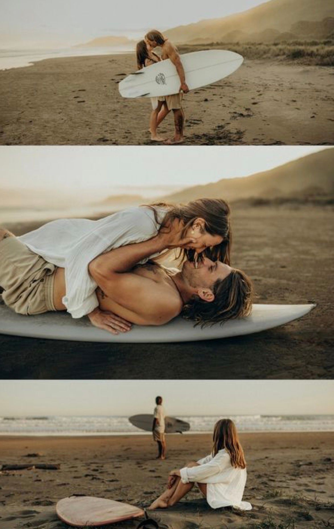 Romantic beach engagement session with couple kissing on surfboard at golden hour by the ocean.