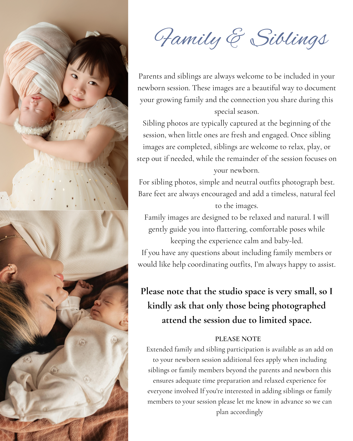 A newborn photography flyer featuring siblings posing with a baby, promoting family session packages in a studio setting.