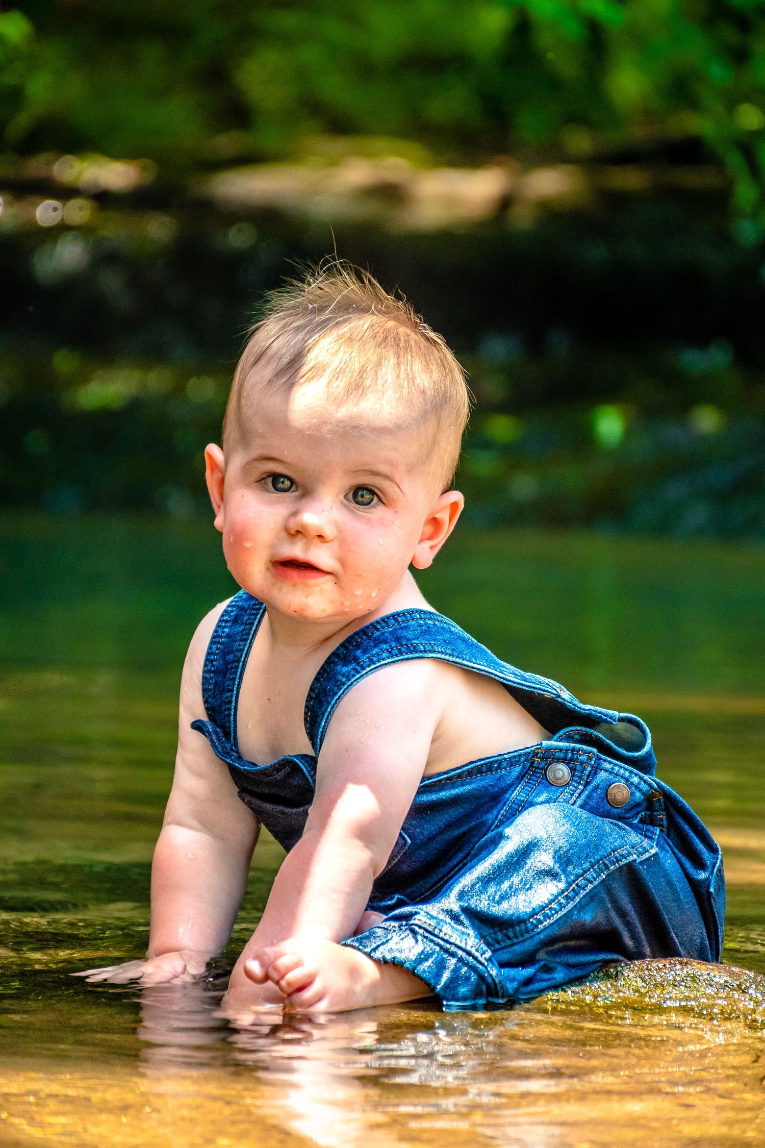 Adorable baby in denim overalls playing in shallow creek water surrounded by lush green nature.