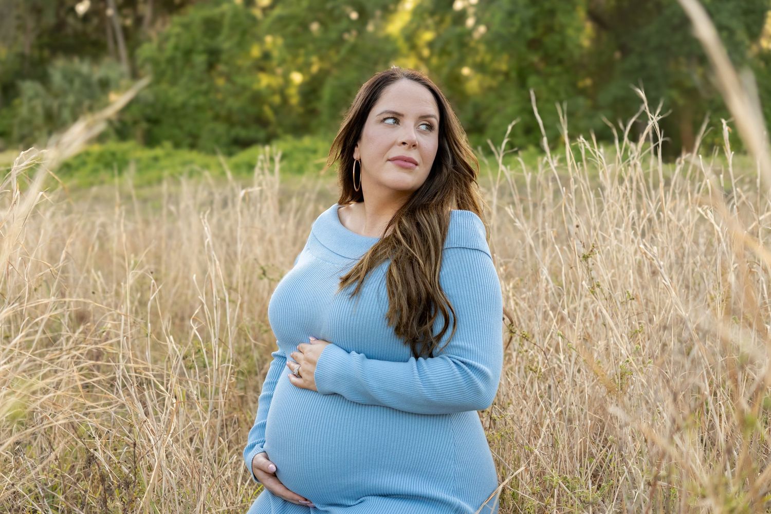 Pregnant woman in blue dress holding belly in golden field with green trees background.