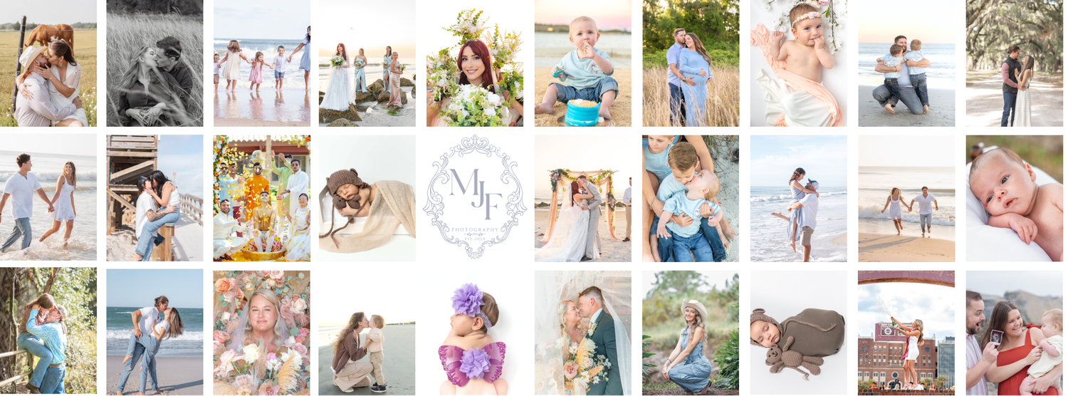 Collage of professional family, maternity, and beach photography portraits by a photographer.