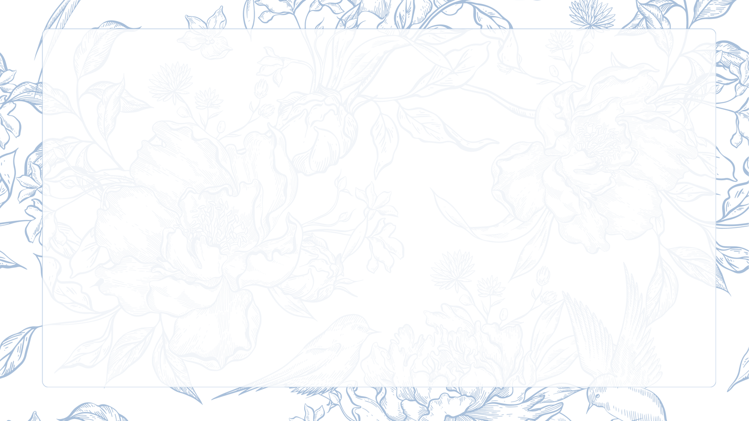 Faded light blue floral pattern on white background with delicate scrollwork.