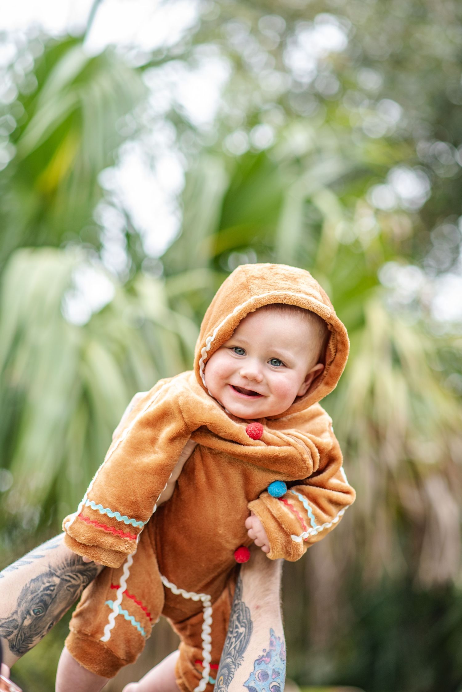 Smiling baby in gingerbread costume being held up by tattooed hands with palm trees behind.