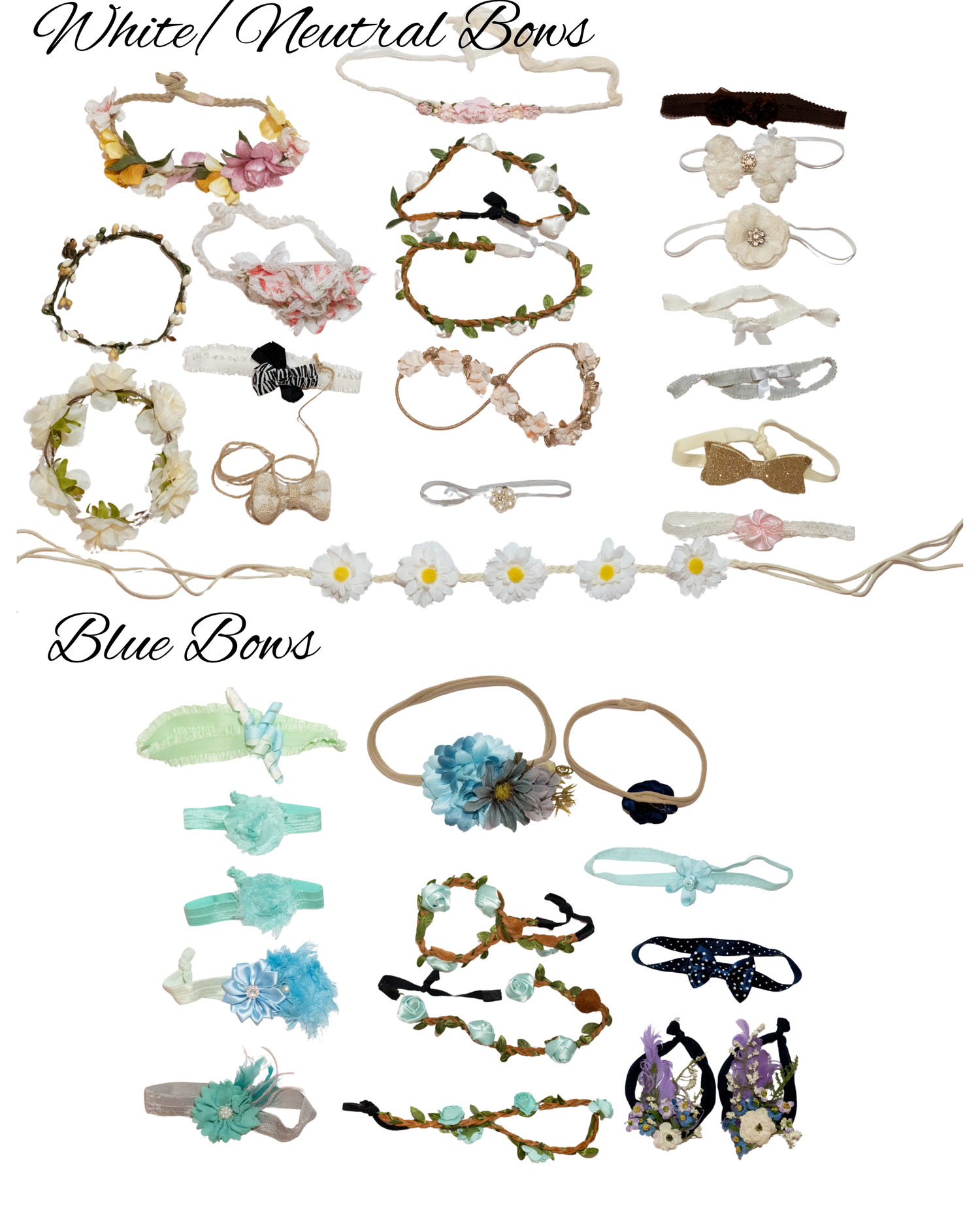 Collection of white, neutral, and blue floral baby headbands and hair accessories displayed on white background.