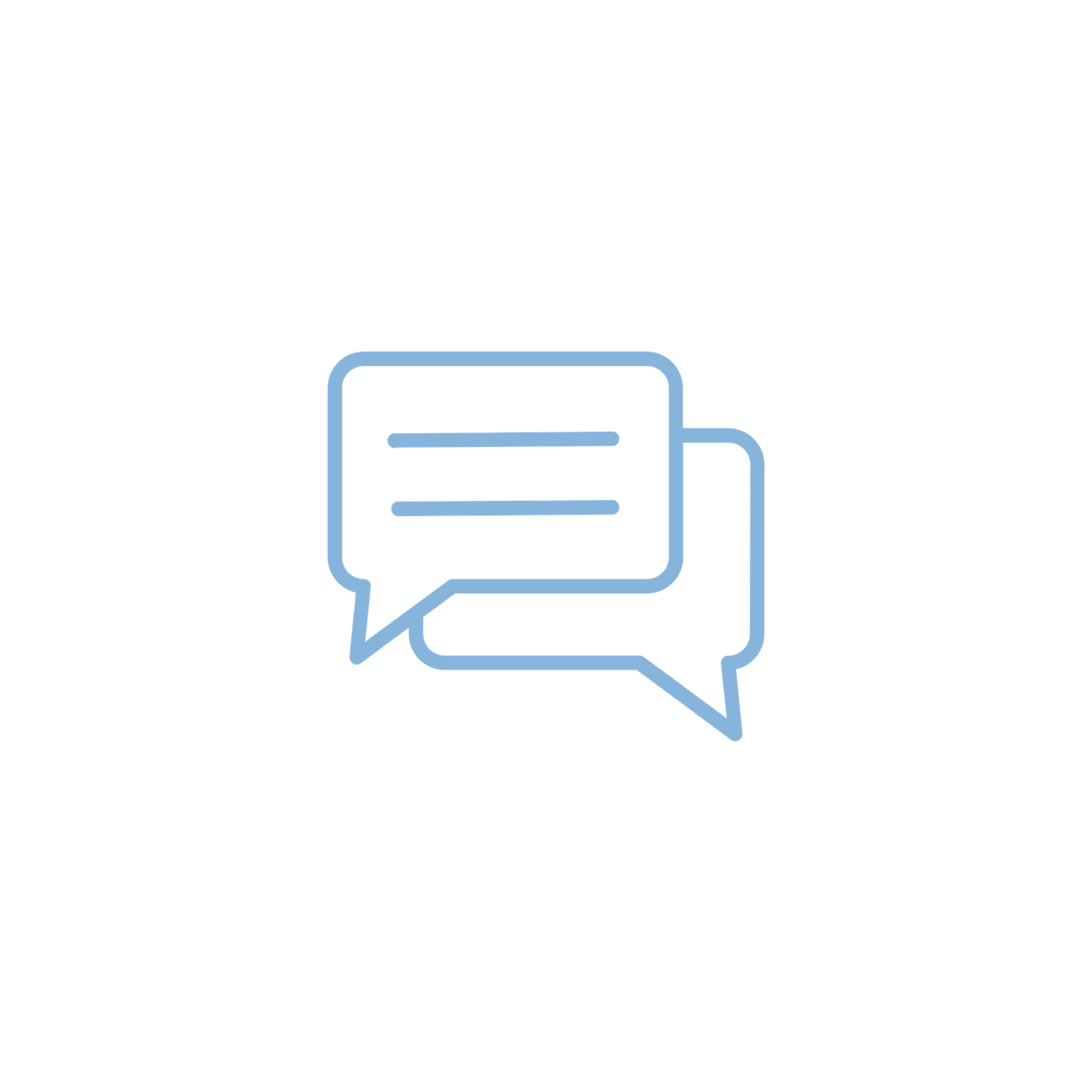 Two overlapping speech bubbles icon in light blue, representing conversation or messaging concept.