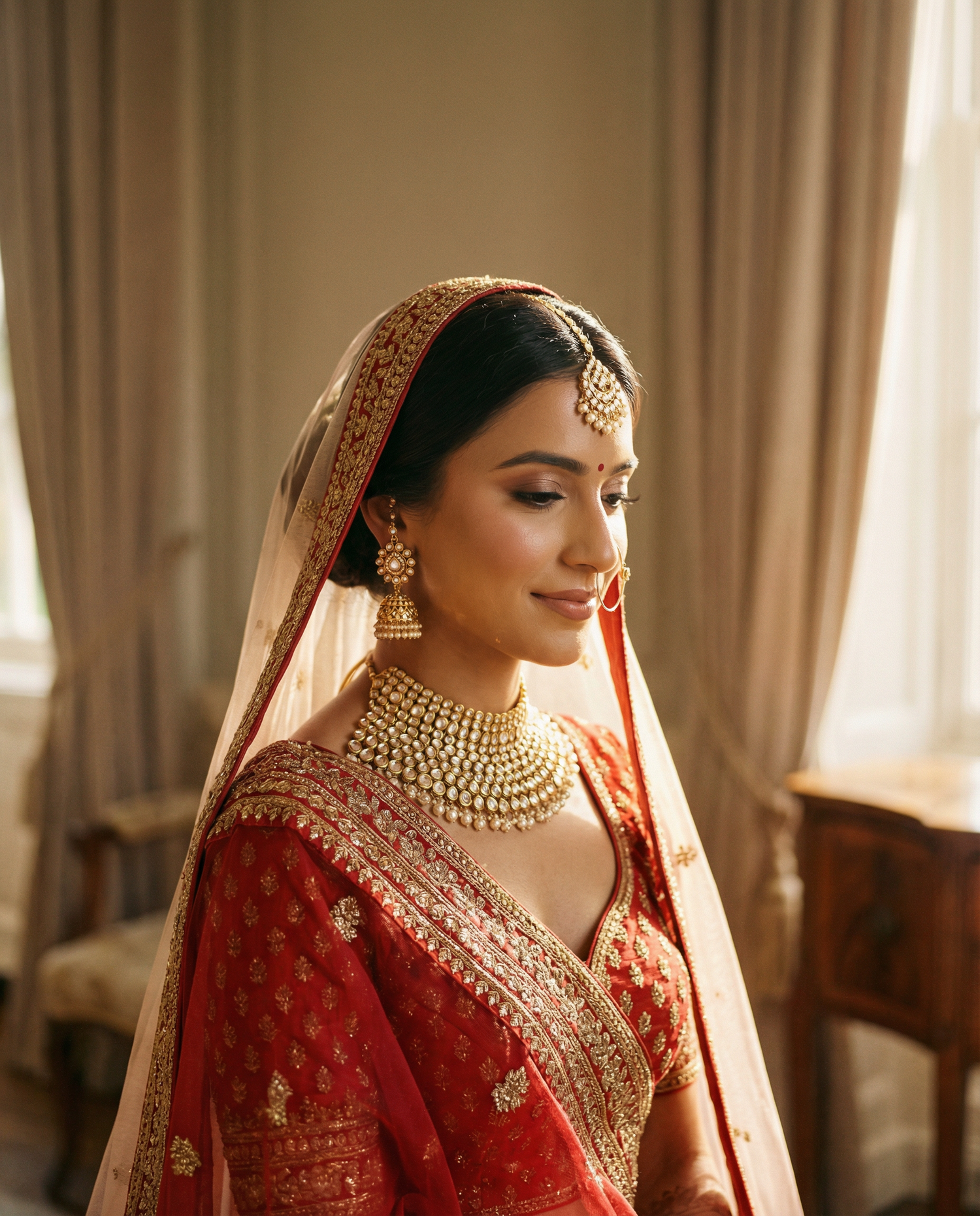 A bride in a red and gold embroidered lehenga with kundan jewelry and dupatta, smiling softly in warm natural light.