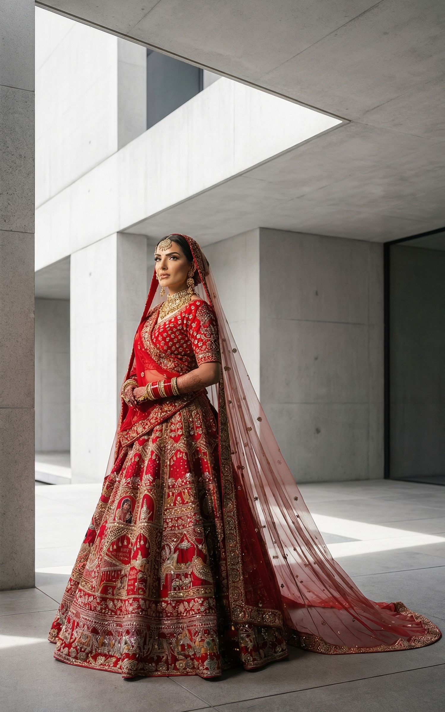 Indian bride in red embroidered bridal lehenga with long veil poses in modern concrete architectural space.
