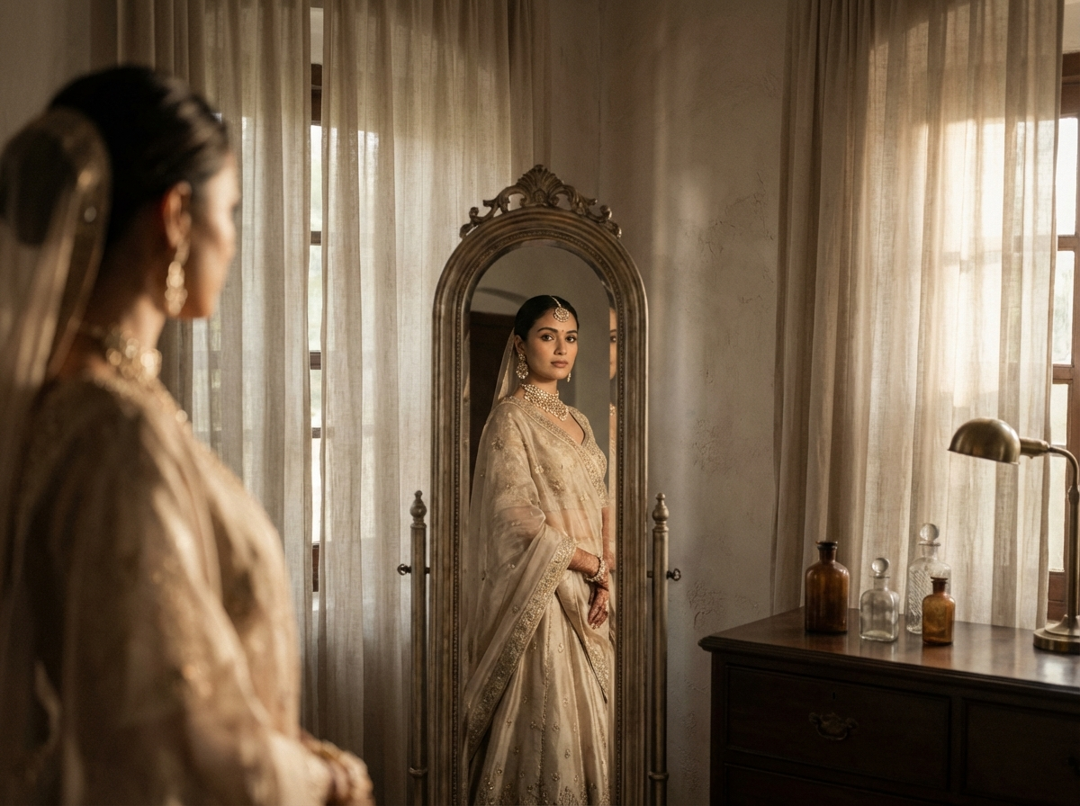 Indian bride in ivory embroidered saree admiring reflection in vintage ornate mirror, beautiful bridal portrait photography by Amarjot Chana