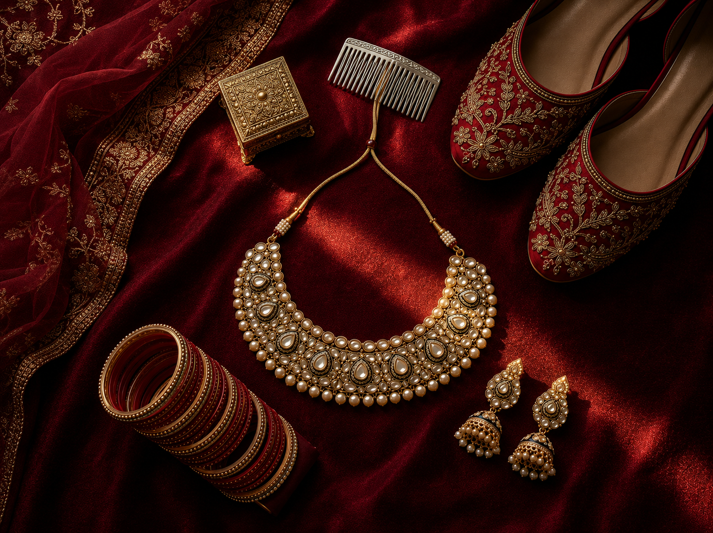 Elegant Indian bridal jewelry flatlay featuring gold kundan necklace, bangles, jhumka earrings, embroidered juttis on red silk.