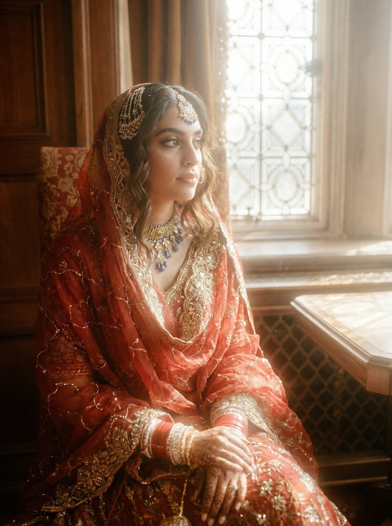 A bride in ornate red South Asian bridal attire with gold embroidery, jeweled headpiece, and blue necklace sits by a window.