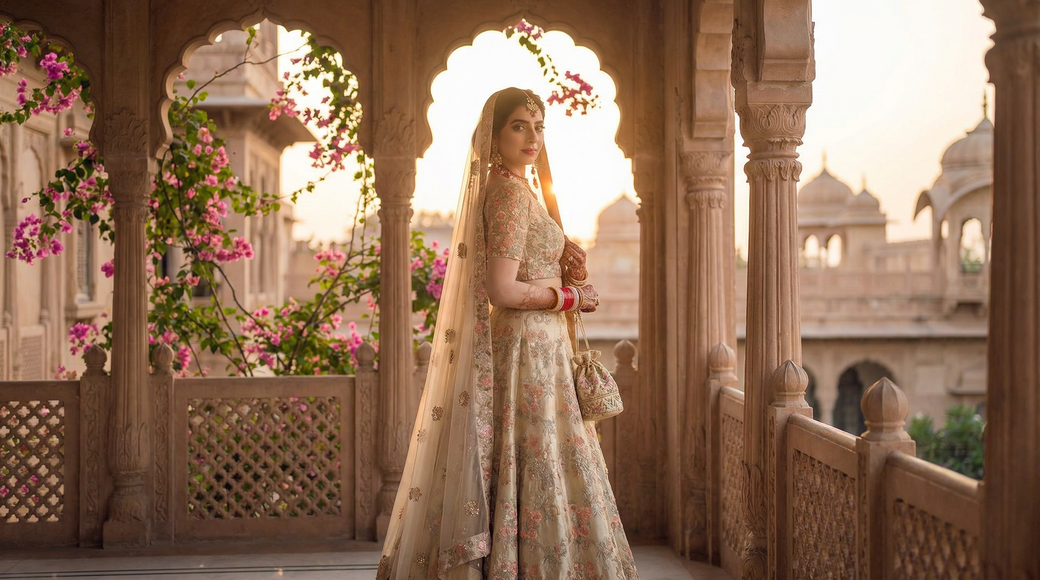 Bride in ornate ivory lehenga with gold embroidery and veil poses in Rajasthani palace archway with pink flowers.