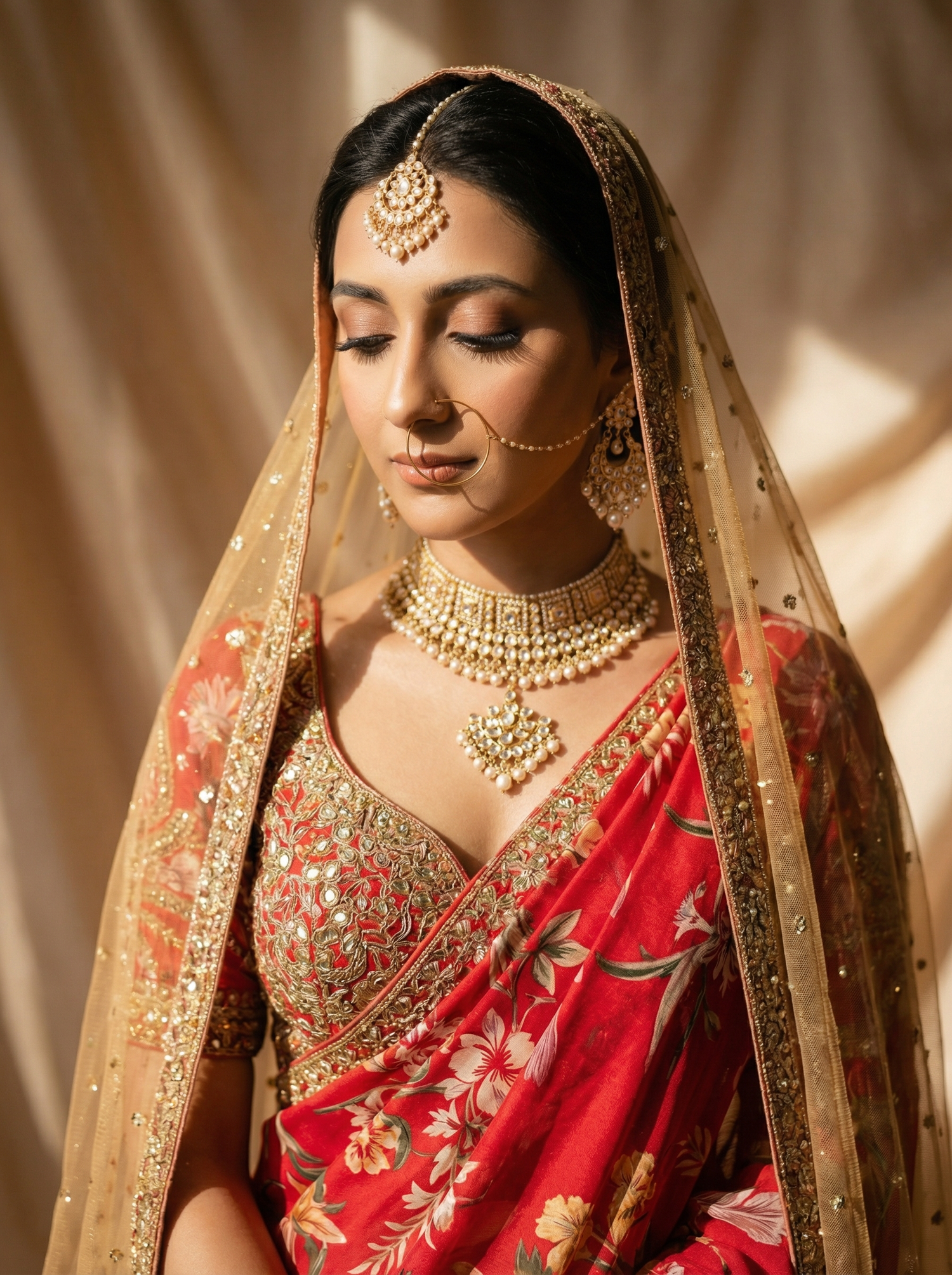 A bride in a red and gold embroidered lehenga with traditional jewelry, maang tikka, and nath, draped in a golden dupatta.