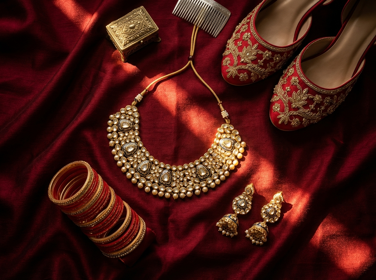 Indian bridal jewellery flat lay, gold kundan necklace, bangles, earrings & embroidered heels on red velvet, Sikh Hindu wedding photographer