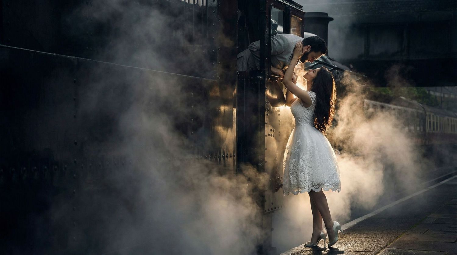 Pardeep and Seema recreated shoot – couple sharing dramatic kiss surrounded by moody atmospheric smoke, editorial Indian wedding photography