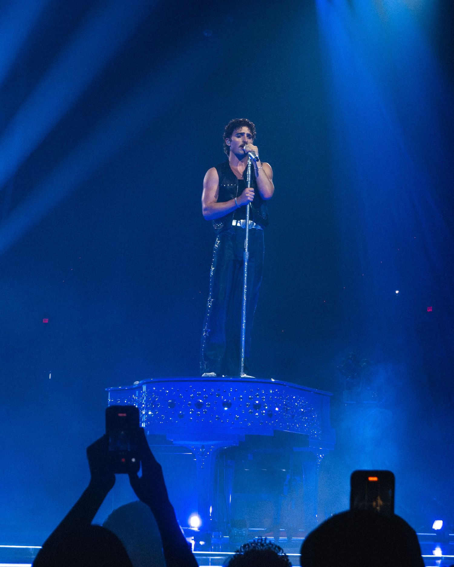 Concert stage with silhouetted crowd and dramatic blue lighting effects.