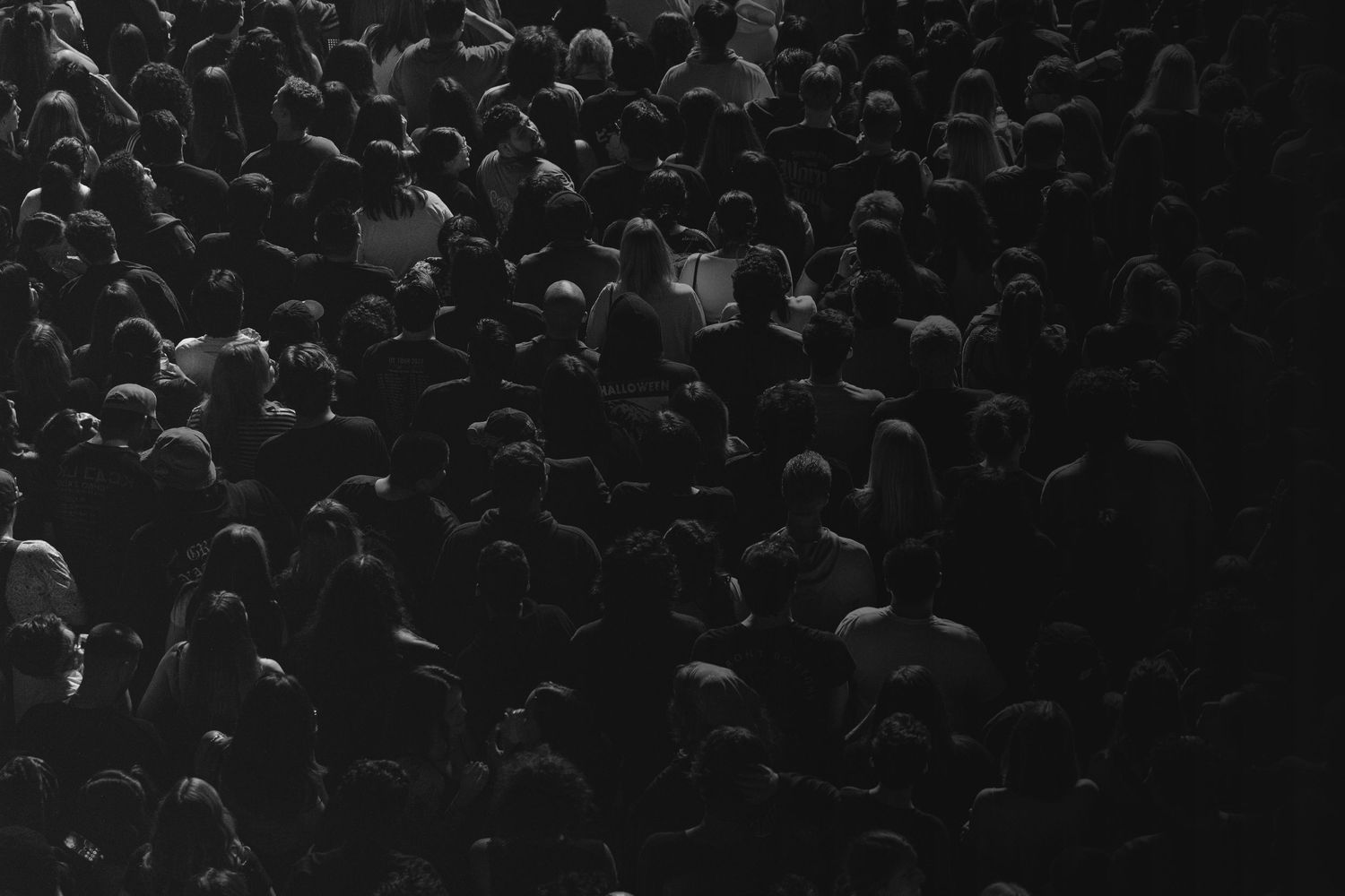 A large crowd of silhouetted people standing together in darkness at a concert or event.
