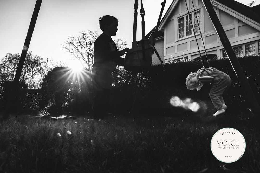 Two boys play on a swingset in a garden towards sunset.