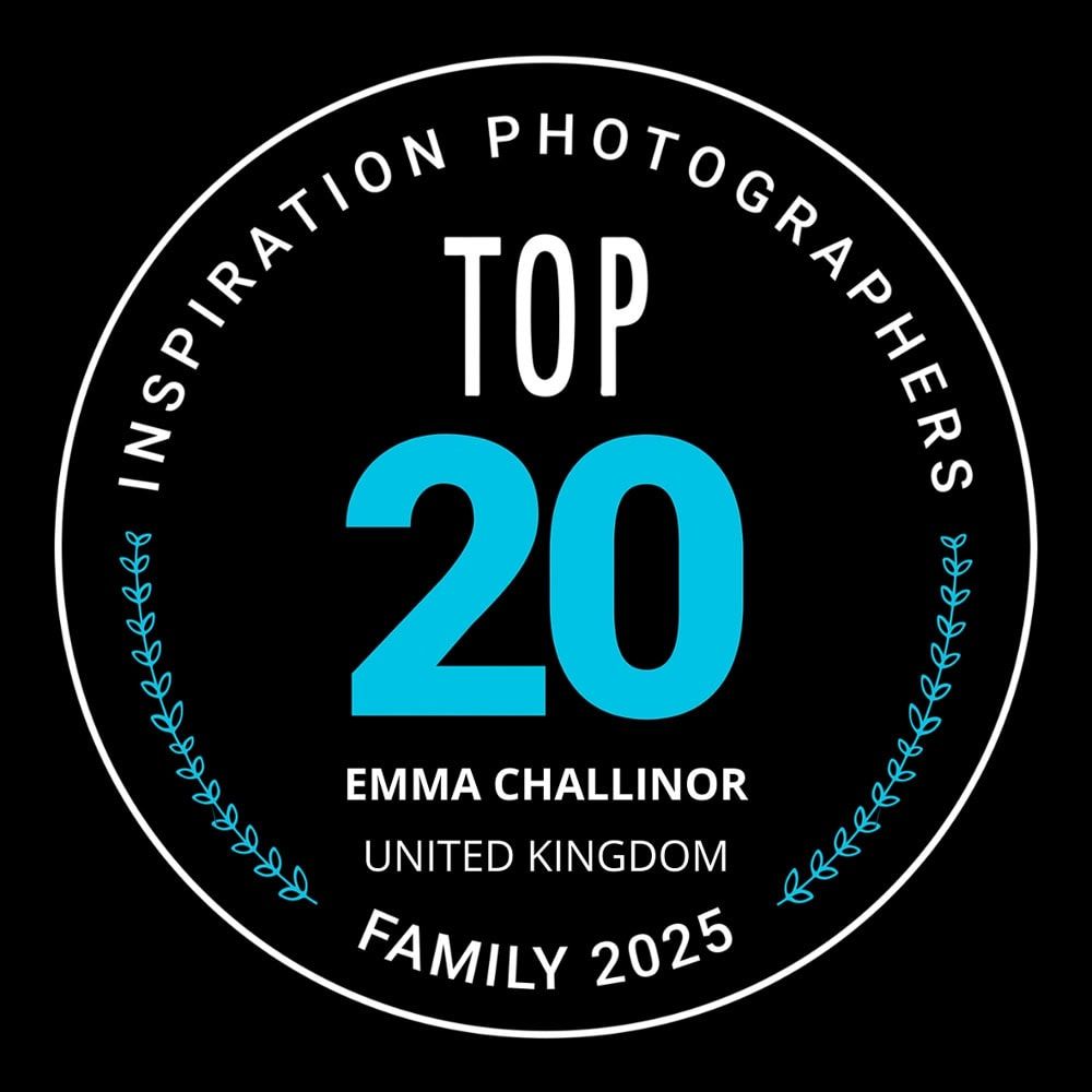 Badge declaring Emma Challinor was in the Top 20 of Inspiration Family Photographers of 2025