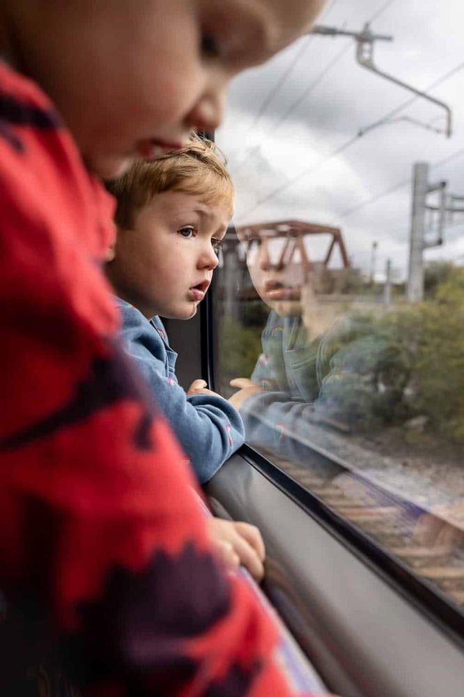 Two boys on a train looking out of the window.