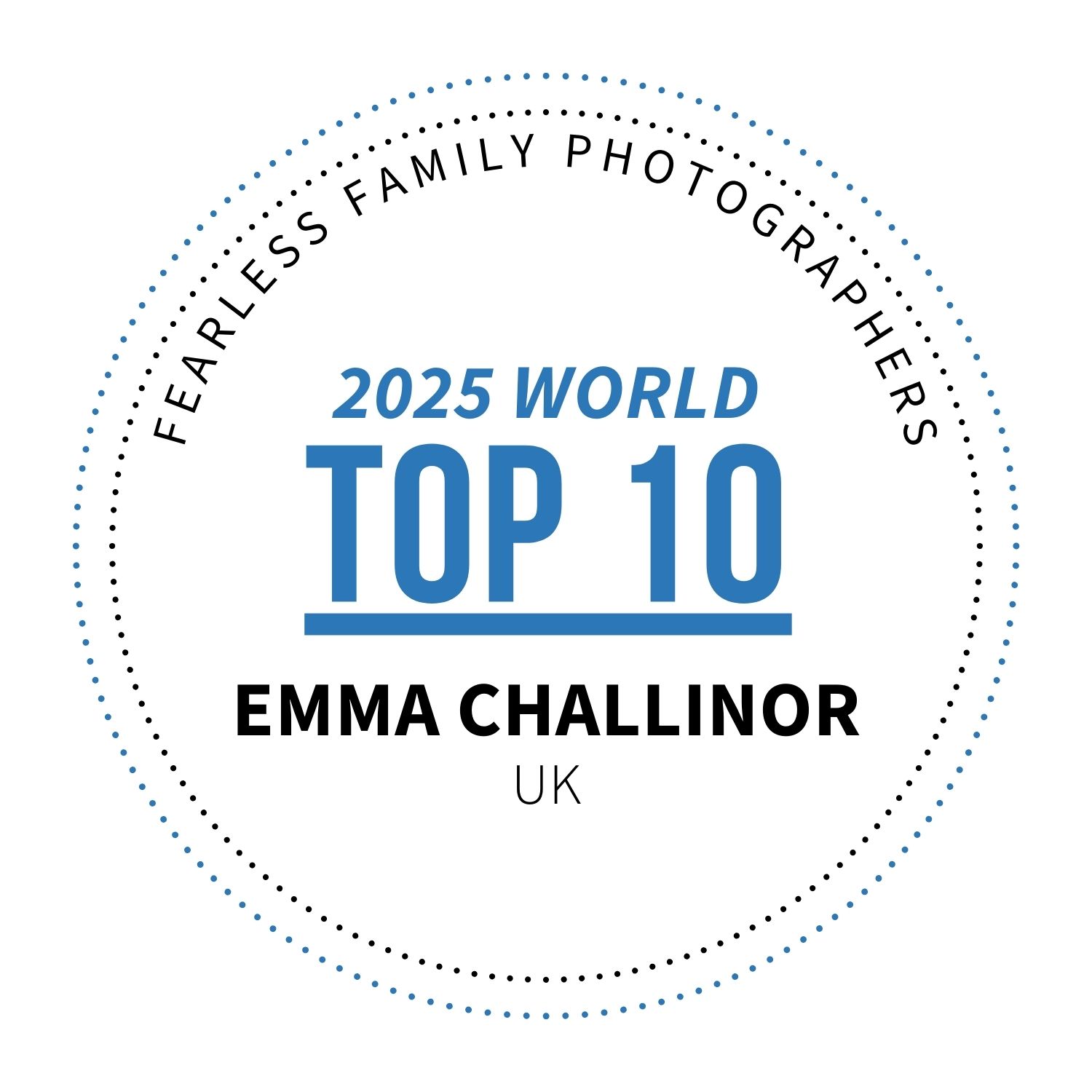 A banner announcing Emma Challinor in the top 10 in the world of 2025 Fearless Family Photographers