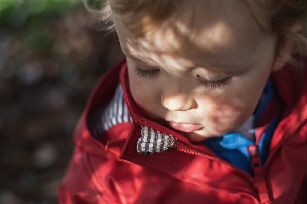 A portrait of a young boy under a tree, dappled light plays across his face.