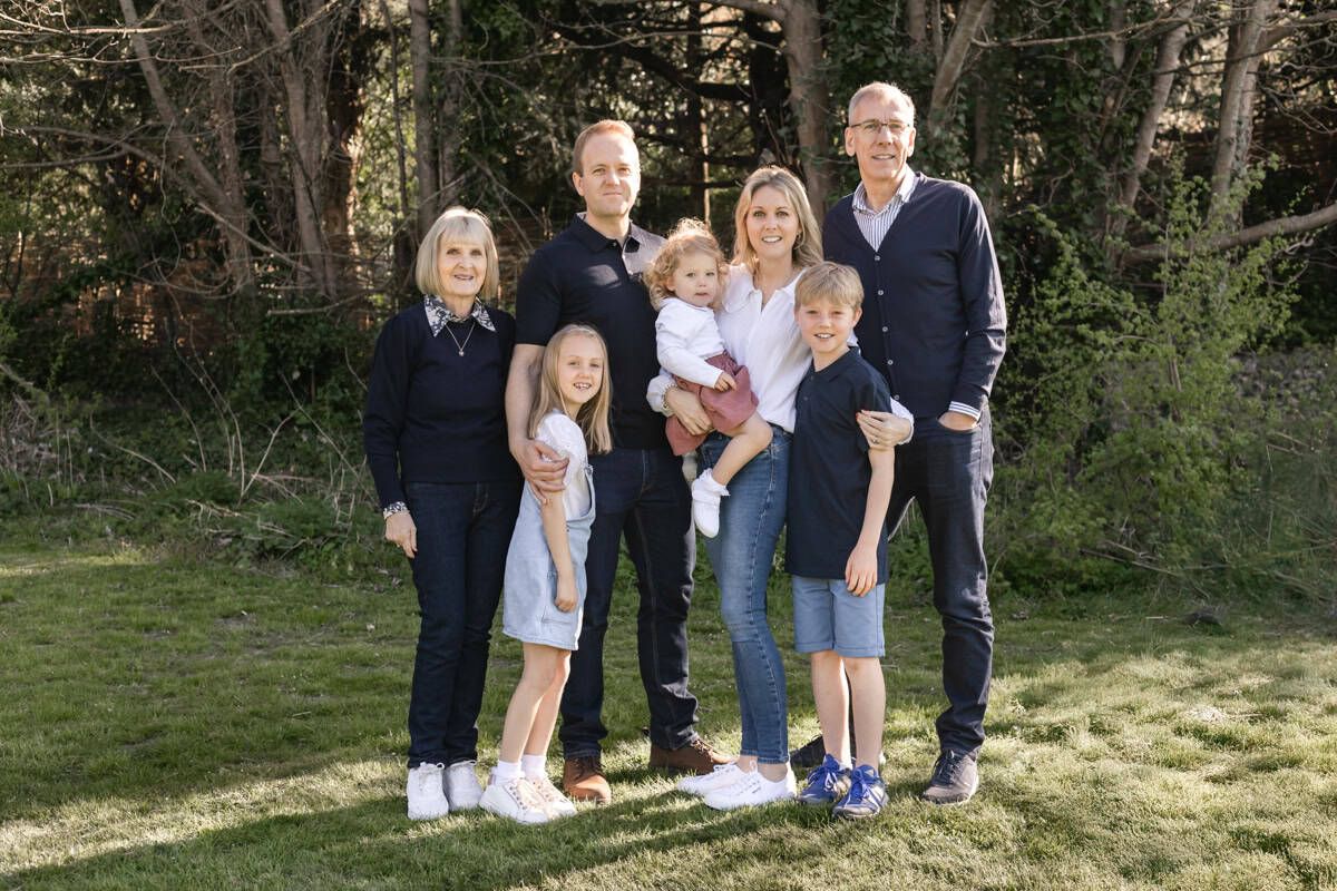 A family portrait, including grandparents, parents and three siblings.