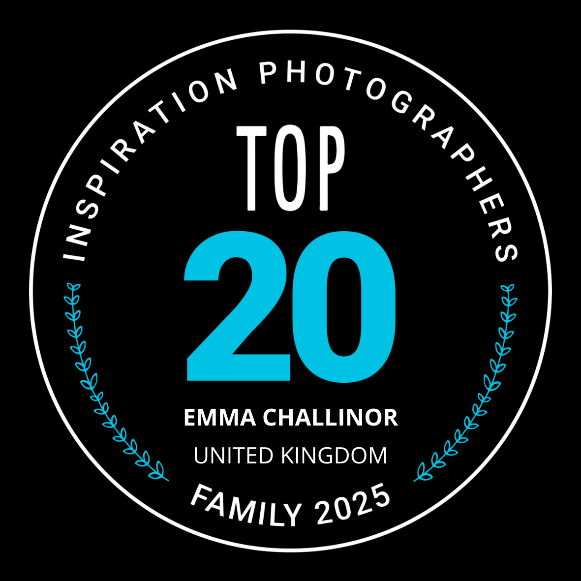 A banner produced by Inspiration Family announcing Emma Challinor in the Top 20 Family Photographers of 2025.