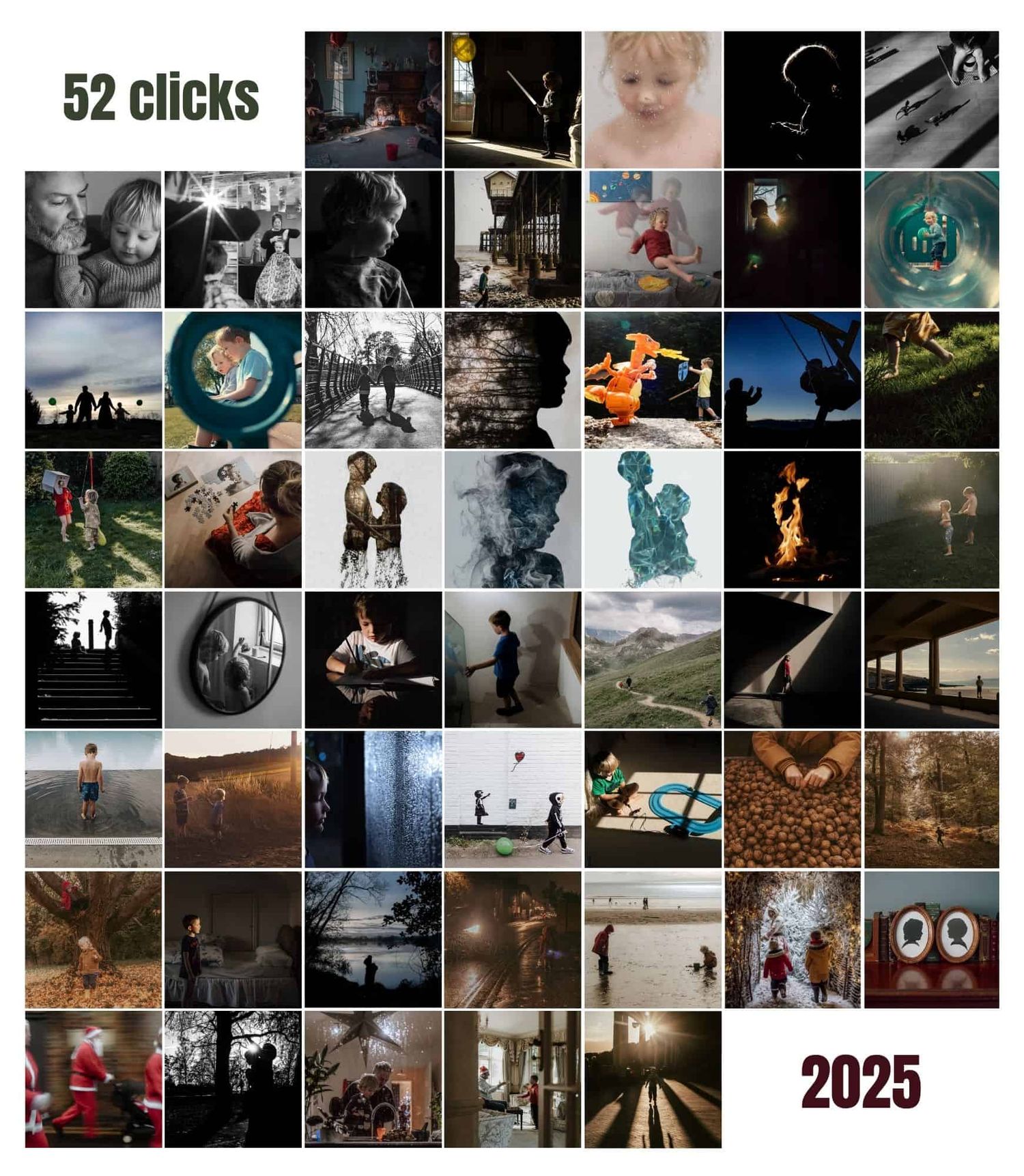 A grid of 52 images- taken one each week throughout 2025 as a personal project by Emma Challinor