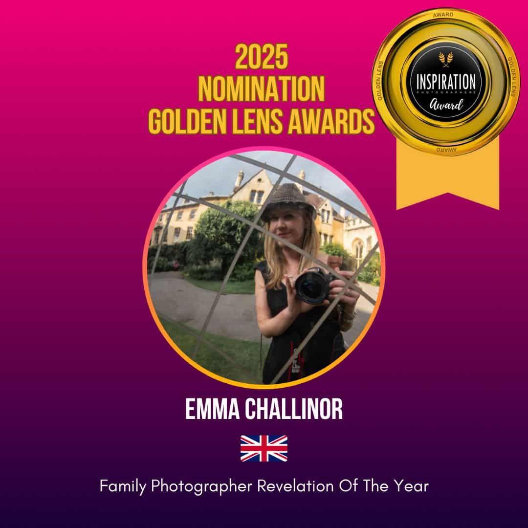 A banner announcing Emma's nomination in the Golden Lens Awards in the Breakthrough Family Photographer category.