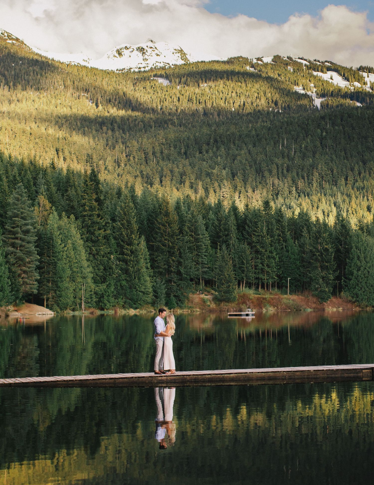 Canoe on alpine lake surrounded by forest.
