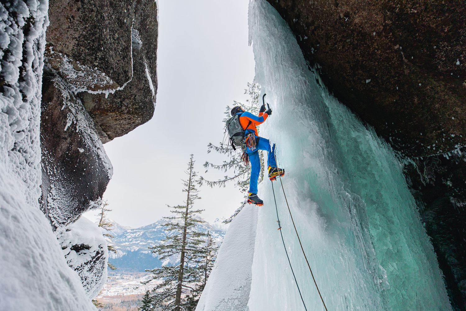 Ice climbing  along the Squamish river.