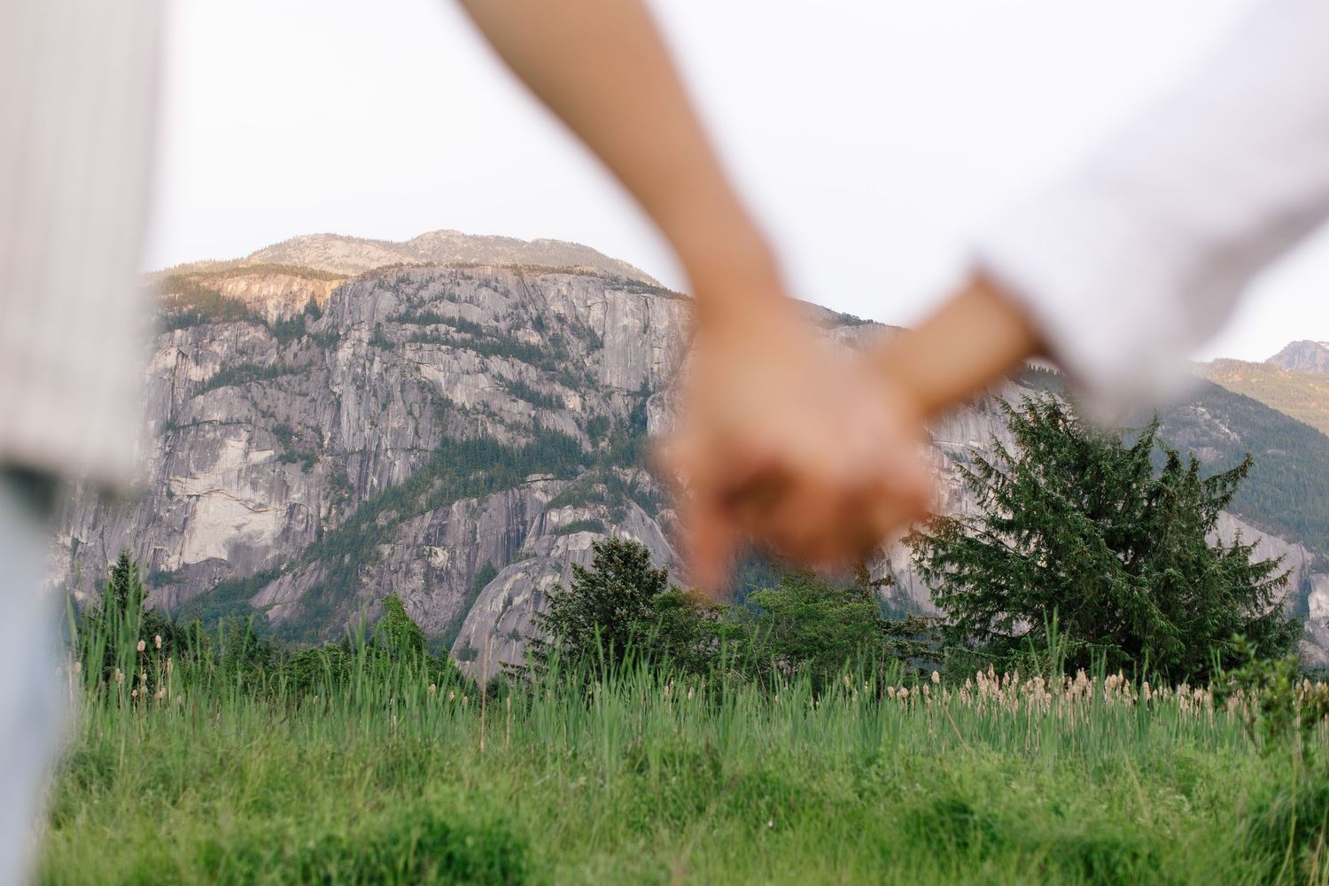 Close-up of couple holding hands with mountains behind.
