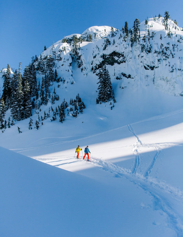 Backcountry skier touring across snowy alpine slope.