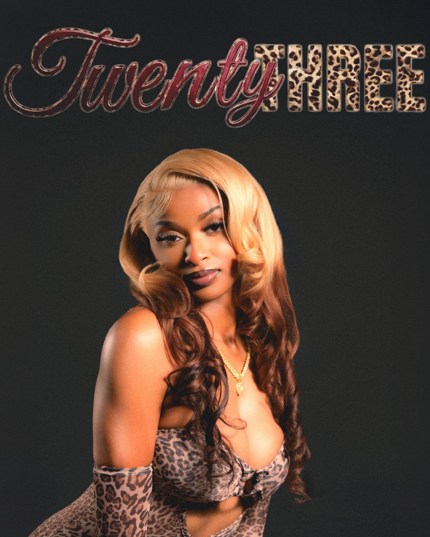 Woman in leopard print outfit with blonde wavy hair poses against dark background with Twenty Three text.