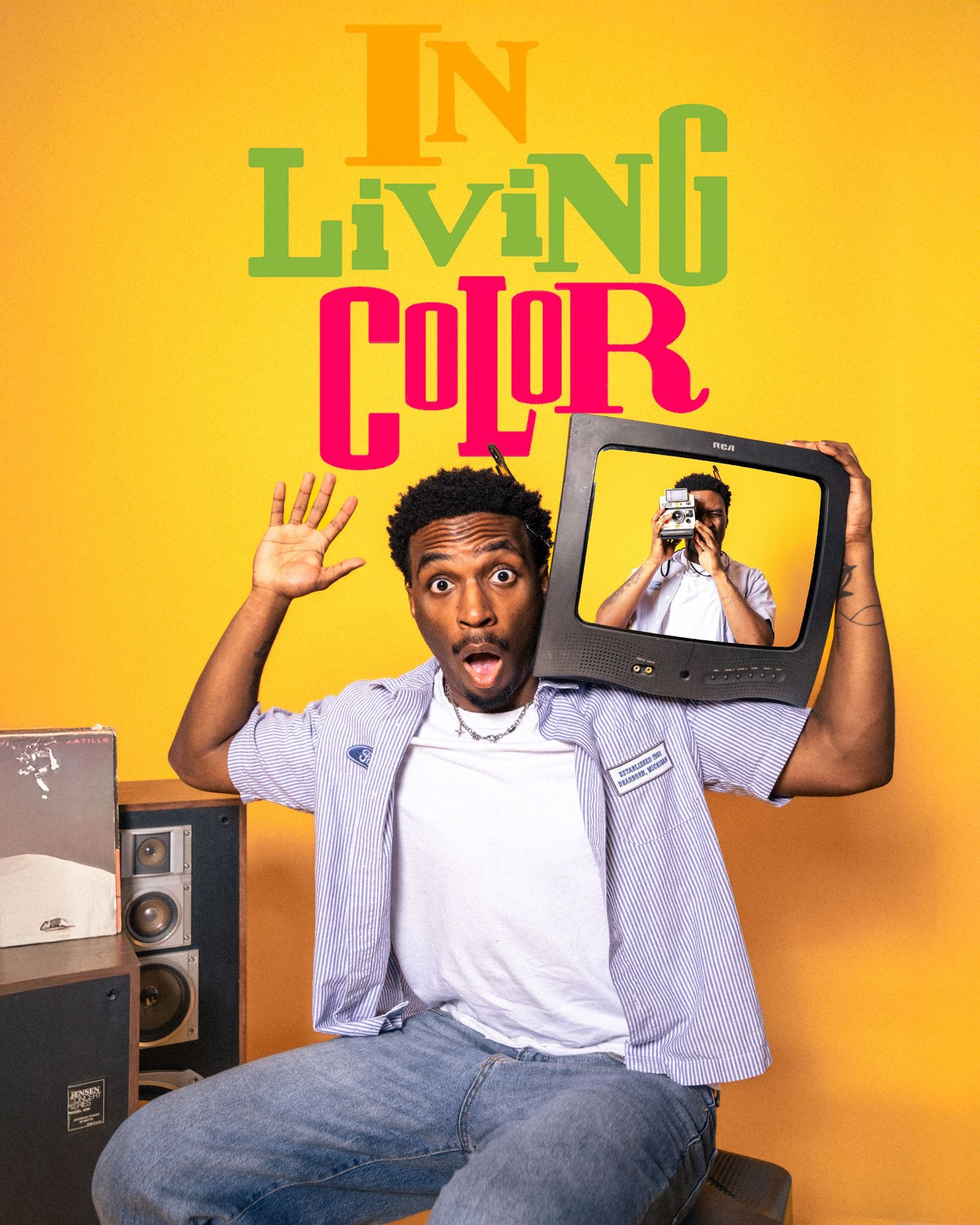 Man holding vintage TV above head with In Living Color logo on yellow background.