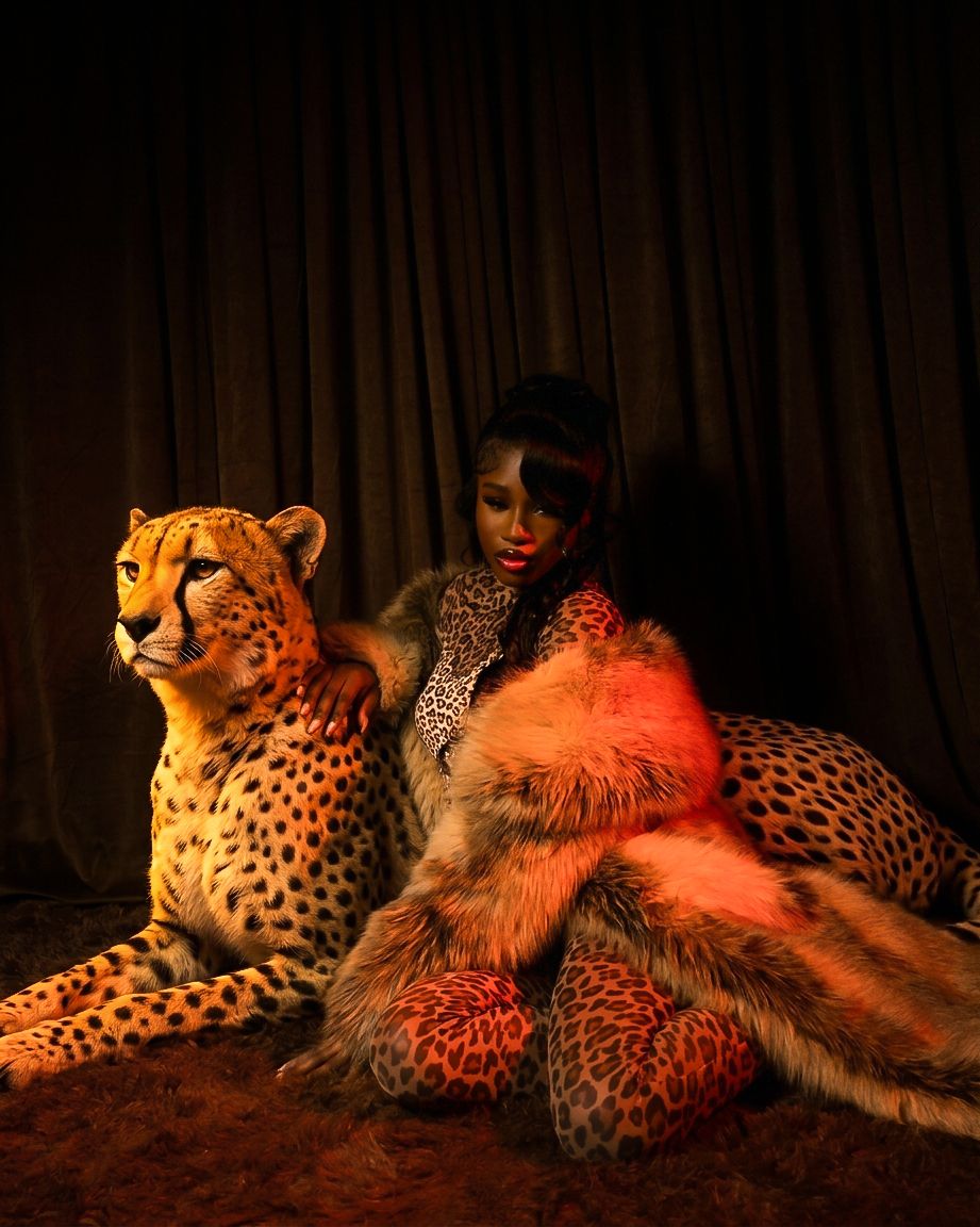 Woman in leopard print outfit and fur coat poses elegantly beside a cheetah against a dark draped backdrop.
